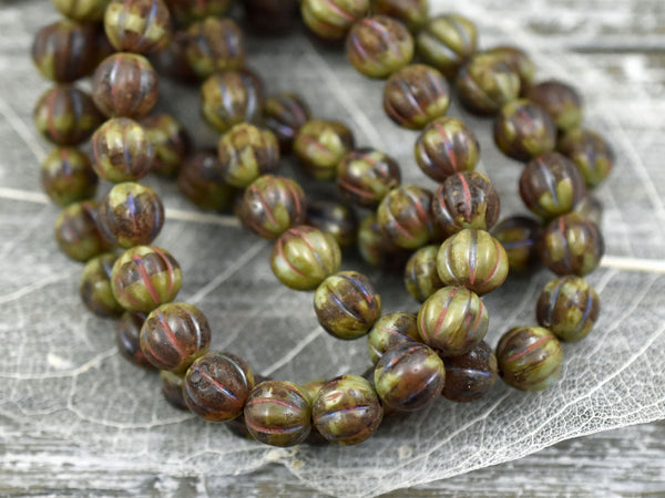 *20* 8mm Root Beer Topaz & Moss Green Picasso Round Melon Beads