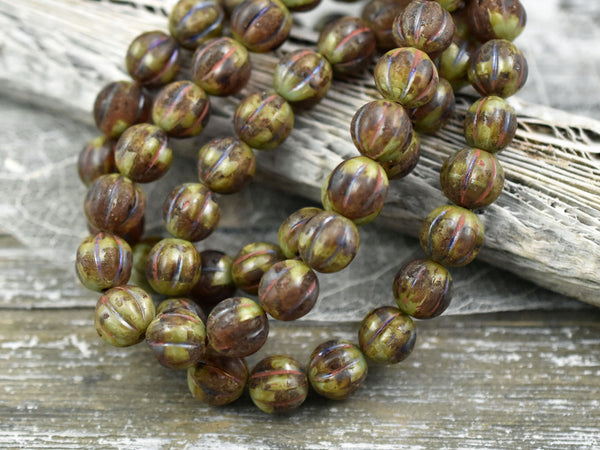 *20* 8mm Root Beer Topaz & Moss Green Picasso Round Melon Beads