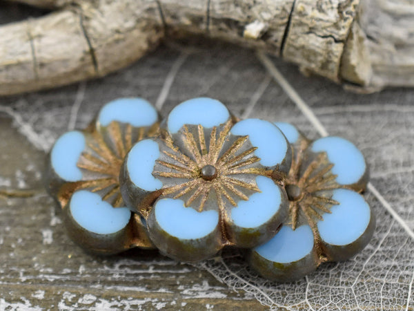 *2* 21mm Bronze Washed Cadet Blue Hibiscus Flower Beads