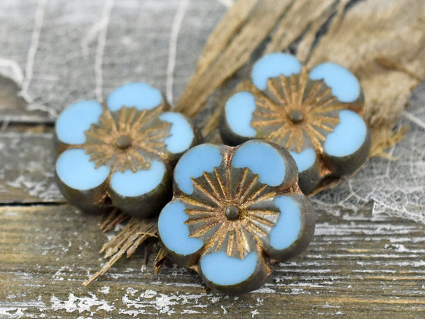 *2* 21mm Bronze Washed Cadet Blue Hibiscus Flower Beads