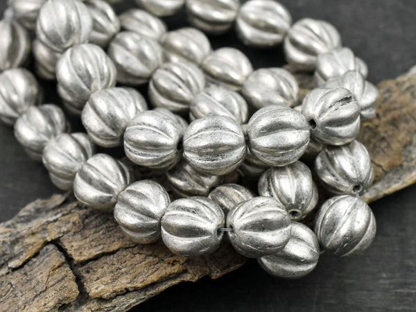White Washed Antique Silver Round Melon Beads -- Choose Your Size