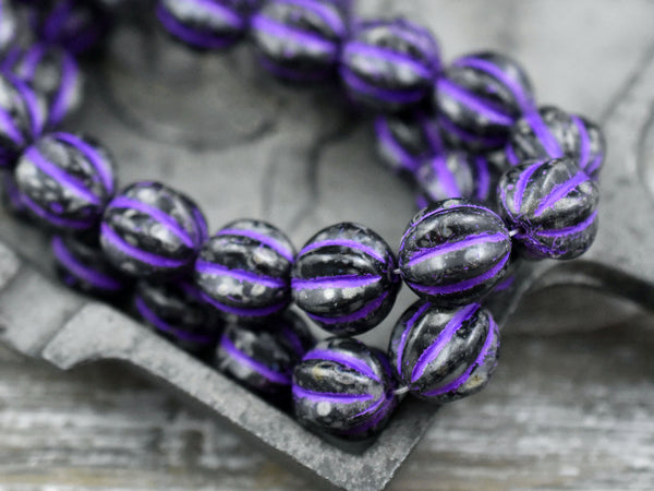 *10* 10mm Purple Washed Jet Picasso Round Melon Beads