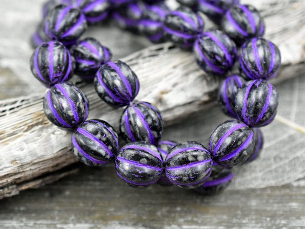 *10* 10mm Purple Washed Jet Picasso Round Melon Beads