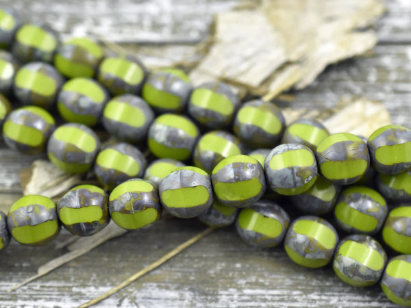 *10* 10mm Chartreuse Picasso Window Cut Round Beads