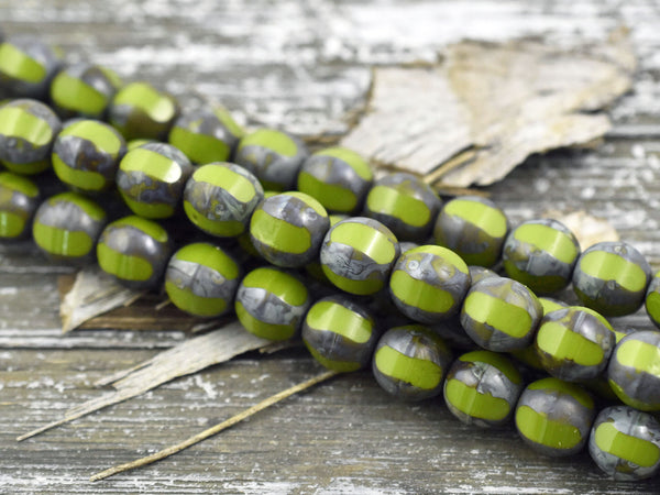 *10* 10mm Chartreuse Picasso Window Cut Round Beads