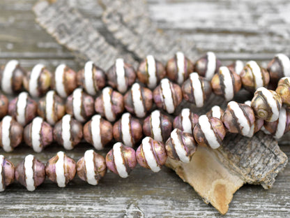 *10* 8x10mm Opaque White w/ Bronzed Pink Picasso Saturn Beads