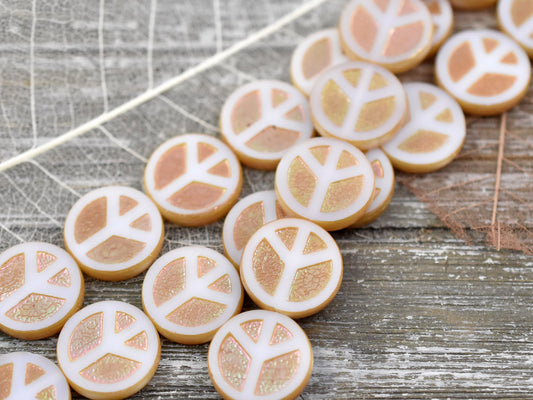 *2* 16mm Golden Pink Washed Table Cut White Opal Peace Sign Coin Beads