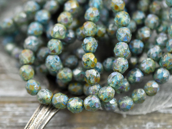 *25* 6mm Turquoise Washed Etched Sage Picasso Fire Polished Round Beads