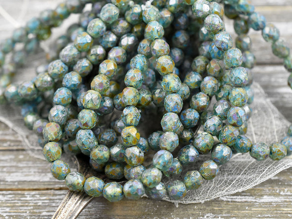 *25* 6mm Turquoise Washed Etched Sage Picasso Fire Polished Round Beads