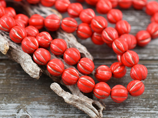 *25* 6mm Bronze Washed Opaque Coral Red Fluted Round Melon Beads