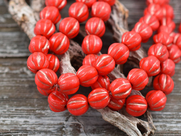 *25* 6mm Bronze Washed Opaque Coral Red Fluted Round Melon Beads