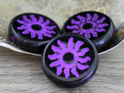 21mm Purple Washed Purple Pansy Sun Design Coin Beads - 2 Beads