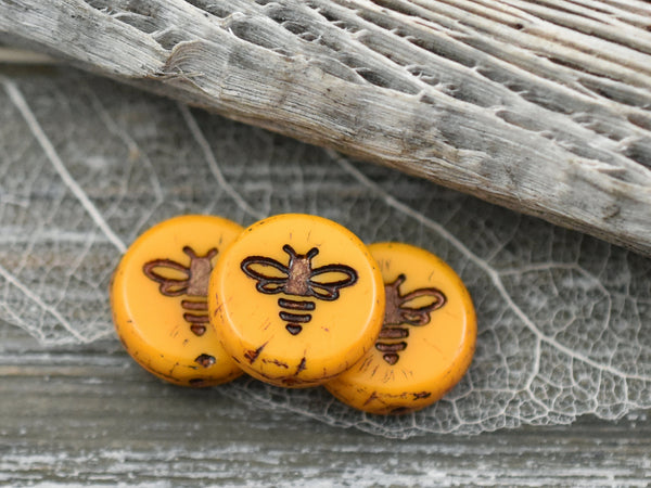 *12* 12mm Dark Bronze Washed Opaque Yellow Bee Coin Beads