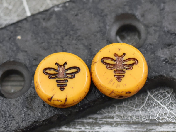 *12* 12mm Dark Bronze Washed Opaque Yellow Bee Coin Beads