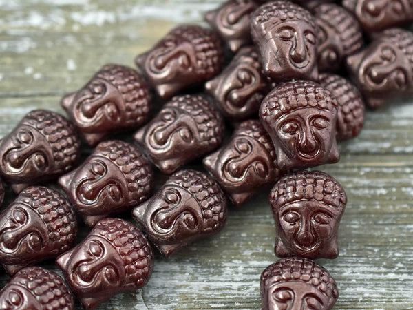 *4* 15x14mm Gold Lustered Ruby Red Buddha Head Beads