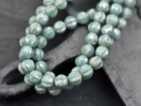 *25* 6mm Blue Turquoise Picasso Fluted Round Melon Beads