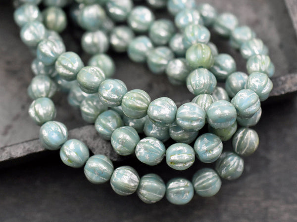 *25* 6mm Blue Turquoise Picasso Fluted Round Melon Beads