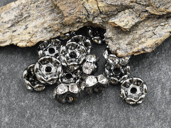 Gunmetal w/ Crystal Rhinestone Wavy Edge Rondelle Spacer Beads