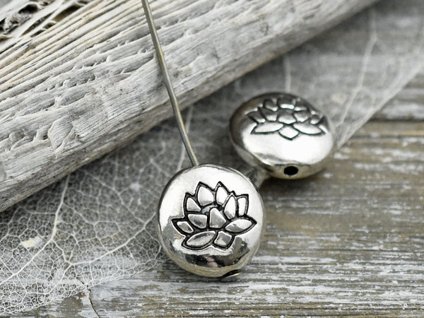 *6* 14mm Antique Silver Lotus Flower Design Coin Beads