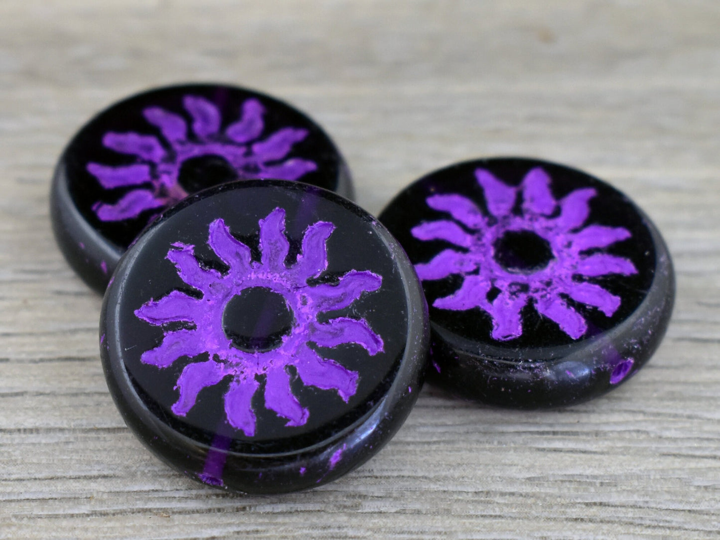 21mm Purple Washed Purple Pansy Sun Design Coin Beads - 2 Beads