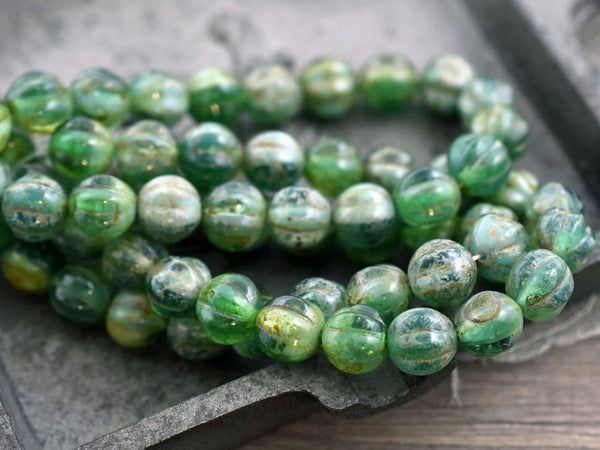*20* 8mm Rustic Green Picasso Round Melon Beads