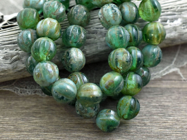 *20* 8mm Rustic Green Picasso Round Melon Beads