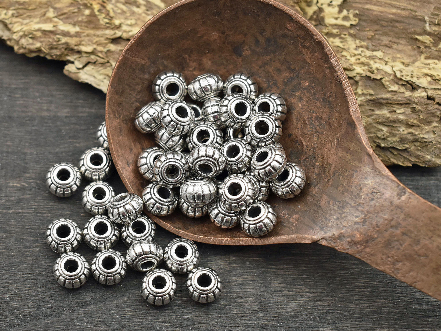 *100* 6x4mm Antique Silver Grooved Rondelle Spacer Beads