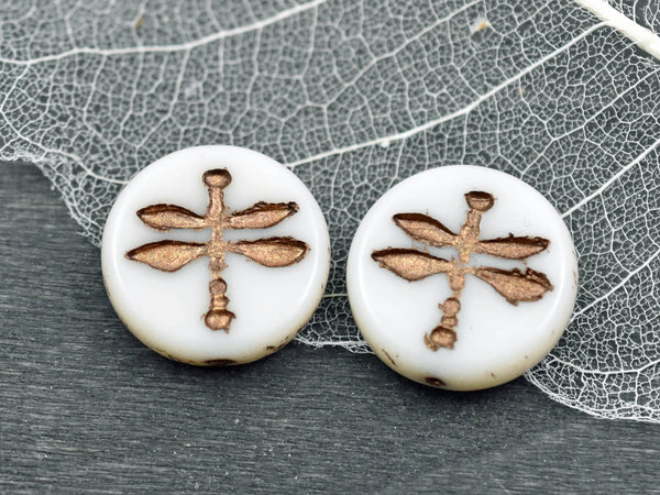 *2* 18mm Bronze Washed Opaque Ivory Dragonfly Coin Beads