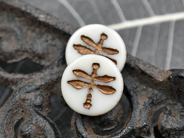 *2* 18mm Bronze Washed Opaque Ivory Dragonfly Coin Beads