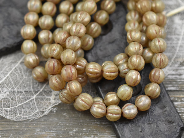 *25* 6mm Antiqued Champagne Opal Fluted Round Melon Beads