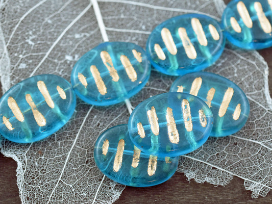 *2* 25x18x5mm Gold Inlayed Dark Aqua Chunky Oval Beads