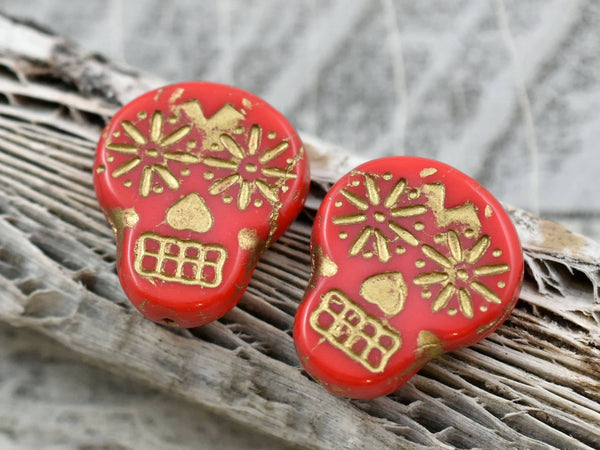 *10* 20x17mm Gold Washed Coral Red Sugar Skull Beads