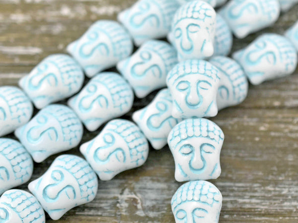 *4* 15x14mm Blue Turquoise Washed Opaque White Buddha Head Beads