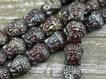 *4* 15x14mm Silver Travertine Washed Opaque Red Buddha Head Beads