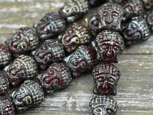 *4* 15x14mm Silver Travertine Washed Opaque Red Buddha Head Beads