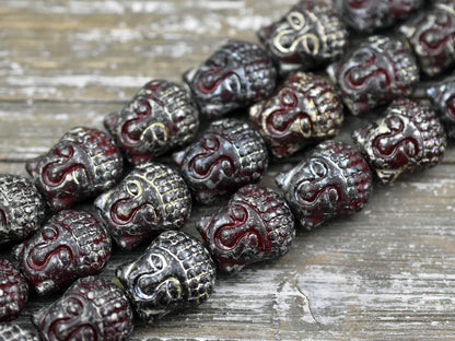 *4* 15x14mm Silver Travertine Washed Opaque Red Buddha Head Beads
