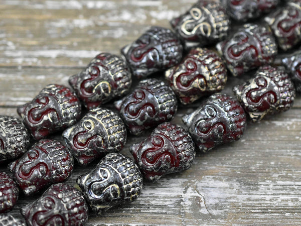 *4* 15x14mm Silver Travertine Washed Opaque Red Buddha Head Beads