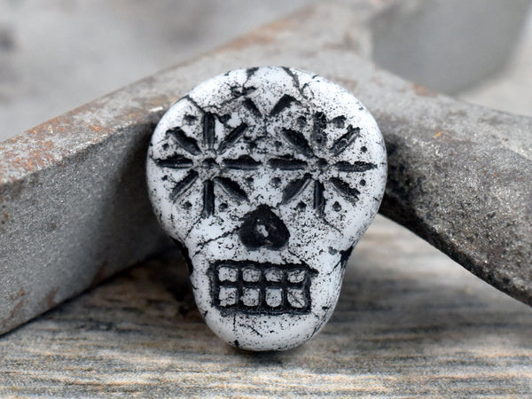 *4* 20x17mm Black Washed Matte Opaque White Sugar Skull Beads
