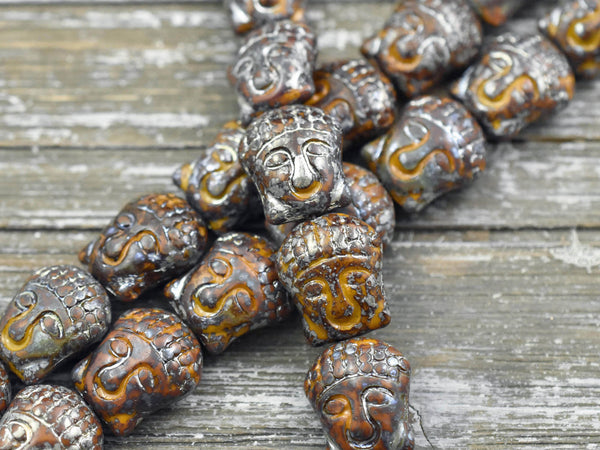 *4* 15x14mm Silver Picasso Washed Goldenrod Travertine Buddha Head Beads