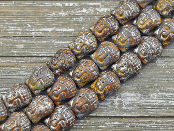 *4* 15x14mm Silver Picasso Washed Goldenrod Travertine Buddha Head Beads
