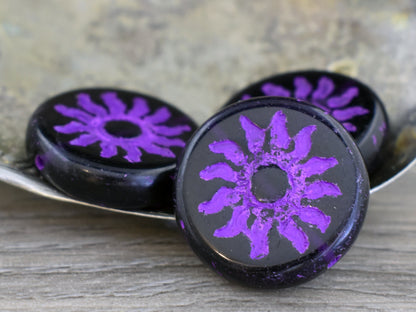 21mm Purple Washed Purple Pansy Sun Design Coin Beads - 2 Beads
