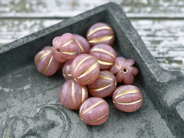 Gold Washed Pink Opal Round Melon Beads