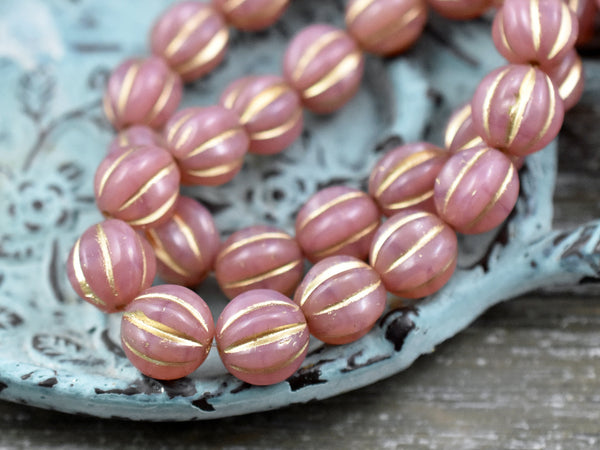 Gold Washed Pink Opal Round Melon Beads