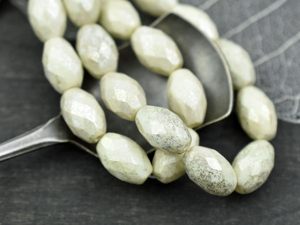 *12* 12x8mm Silver Merucry Washed Ivory Fire Polished Faceted Oval Beads
