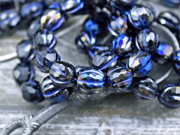 *10* 10mm Bronze Washed Jet Black Blue Marea Faceted Round Melon Beads