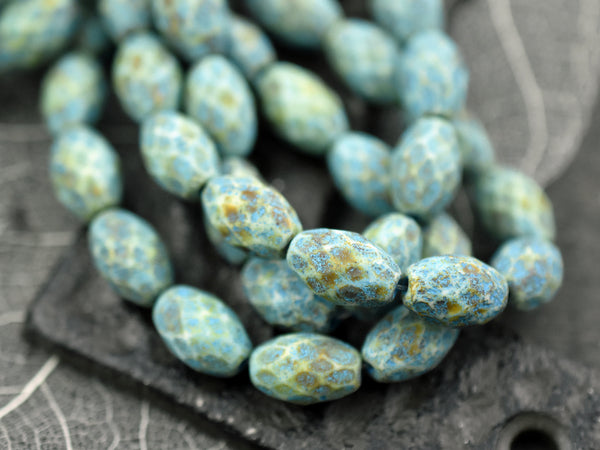 *12* 12x8mm Etched Turquoise Washed Honey Beige Picasso Fire Polished Faceted Oval Beads