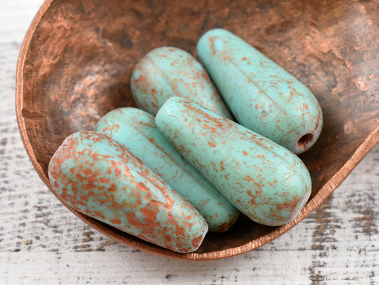 *4* 9x20mm Etched Matte Copper Washed Turquoise Teardrop Beads