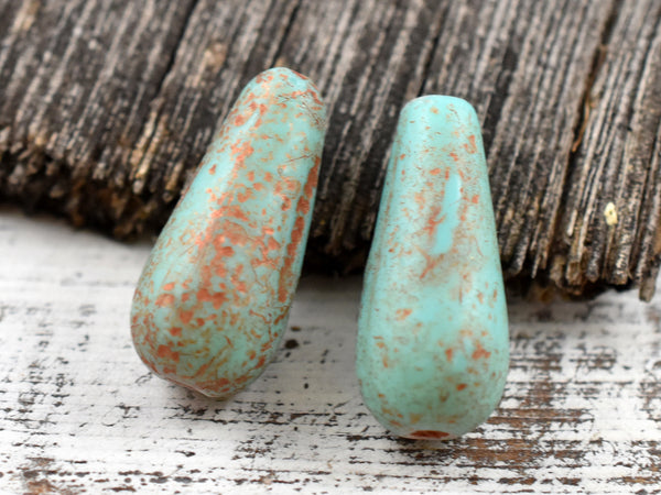 *4* 9x20mm Etched Matte Copper Washed Turquoise Teardrop Beads