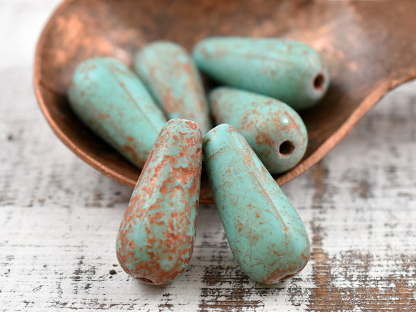 *4* 9x20mm Etched Matte Copper Washed Turquoise Teardrop Beads
