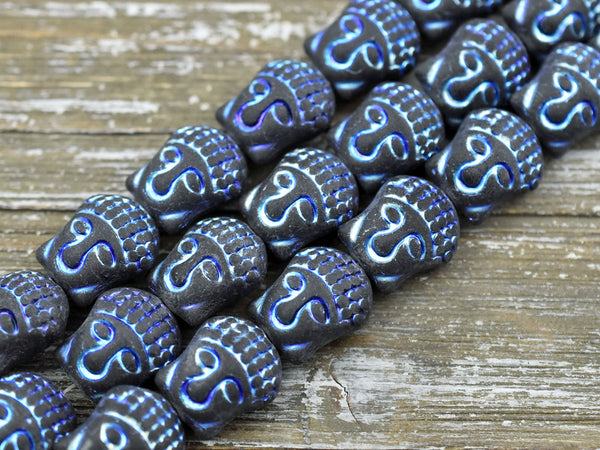 *4* 15x14mm Metallic Blue Washed Matte Black Buddha Head Beads